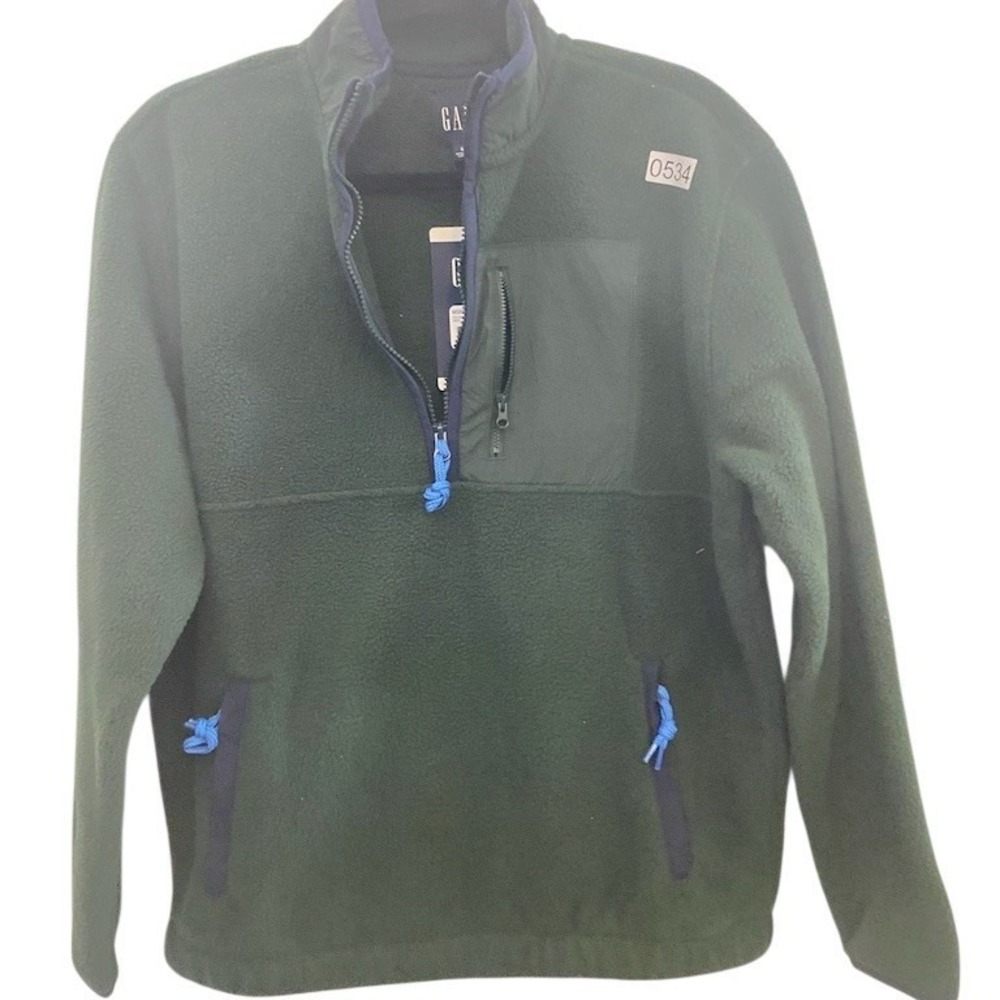 GAP Jacket Men's Size S‎ Green Sherpa Fleece Half-Zip Pullover Blue Trim